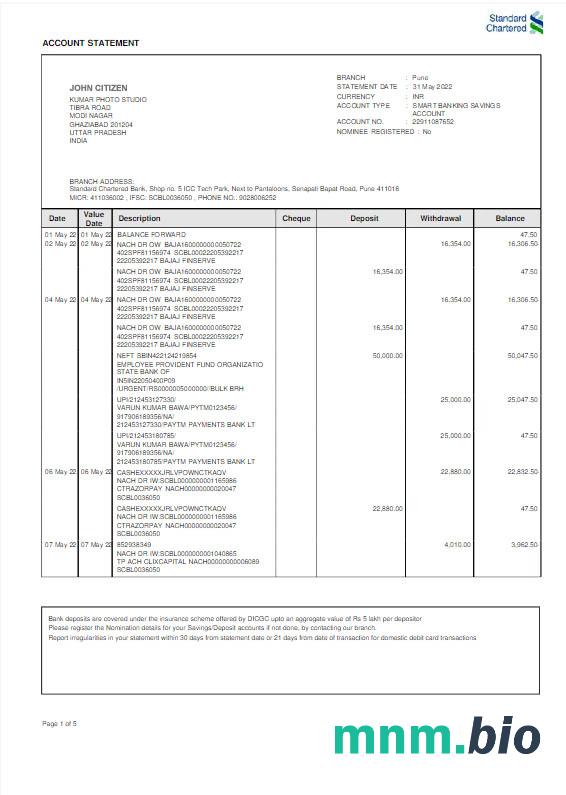 India Standard Chartered wyciąg z konta bankowego szablon Worda i PDF, version 3